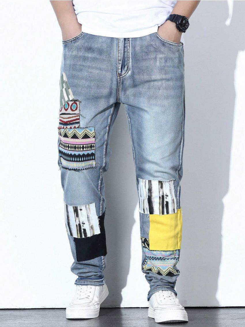 Men Plus Geo Print Cat Whisker Straight Leg Jeans