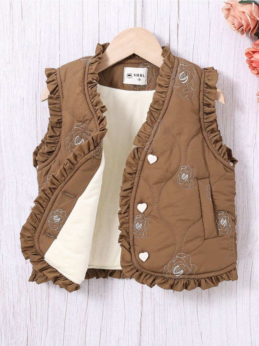 Girls' Thickened Padded Vest With Embroidery, Knitted Cuff, Fleece Lining, Lace Trim And Patch Pockets For Warmth