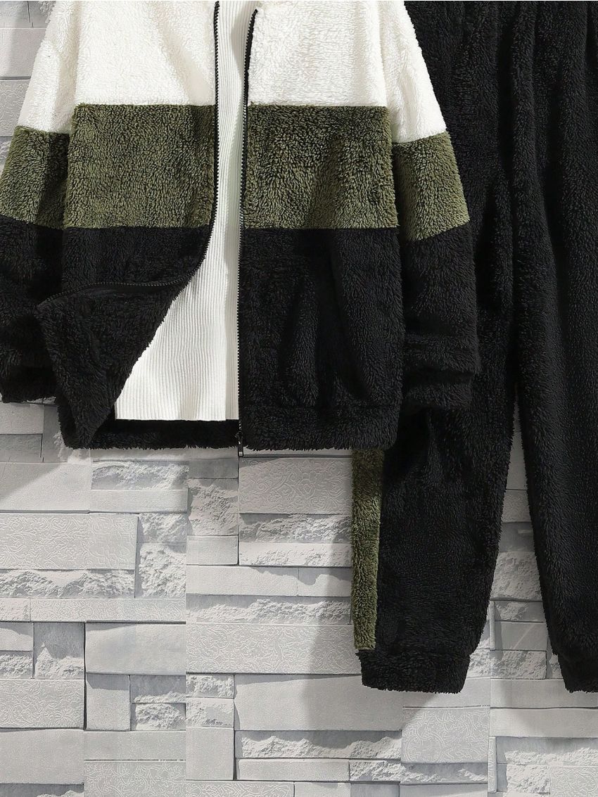 SHEIN Kids EVRYDAY Boys' Casual Hooded Zip-up Plush Jacket And Color Block Pants Outfit Set, Winter