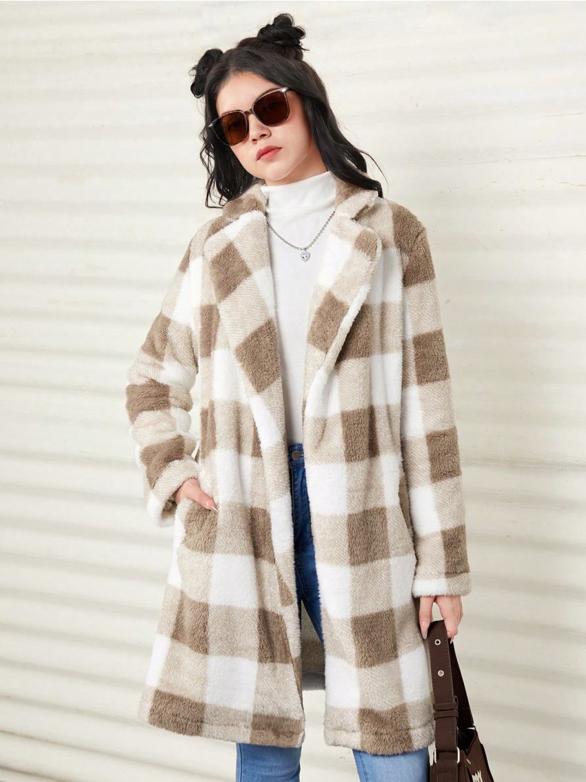 SHEIN Teen Girl Buffalo Plaid Print Lapel Neck Fuzzy Coat