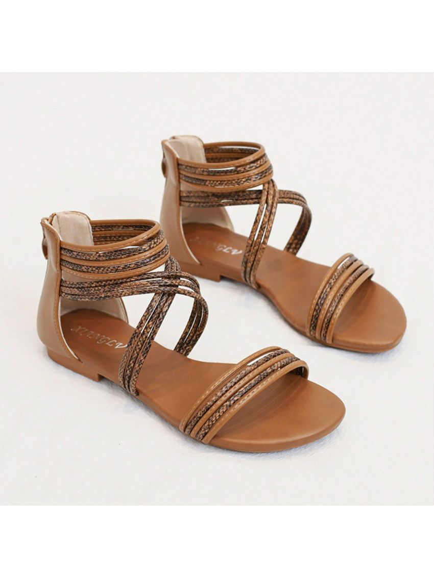 Women's With Zipper Gladiator Sandals Summer Flat Thong Cross Strappy Sandals Trendy Roman Shoes