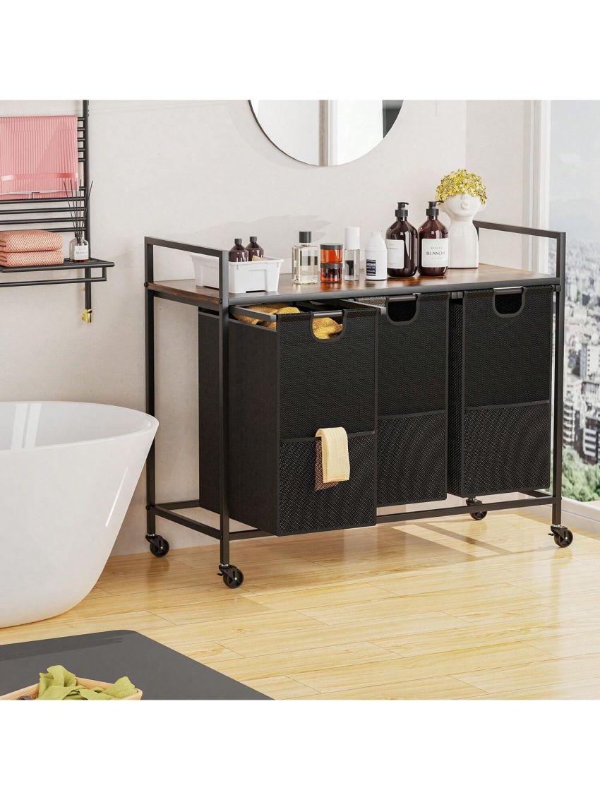 Laundry Hampers with Shelf, Laundry Basket 3 Section, Laundry Sorter with Pull-Out Removable Large 3 Color Bags and Movable Wheels, Metal Frame