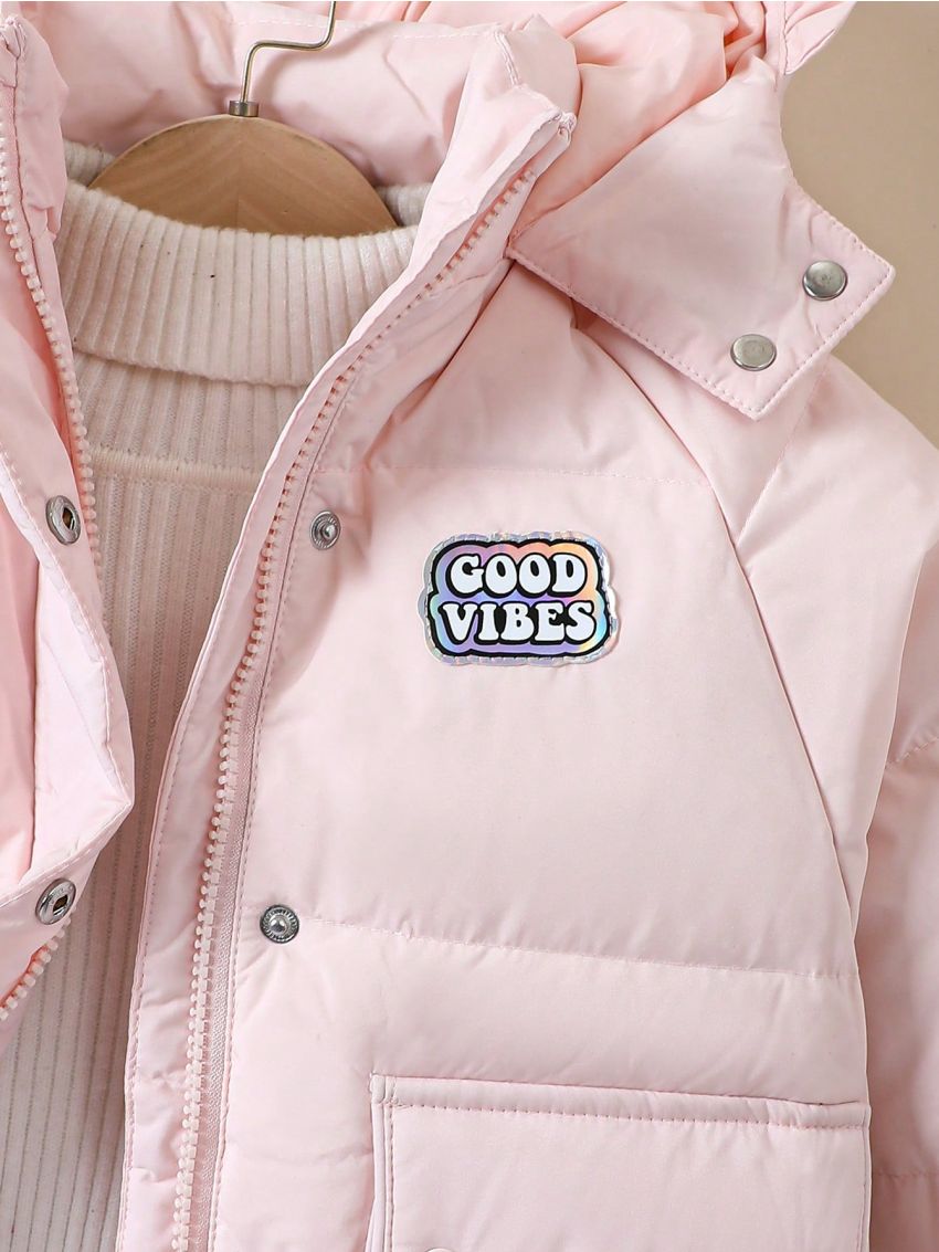 Young Girl Baby Letter Patched Detail Flap Pocket Raglan Sleeve Hooded Down Coat