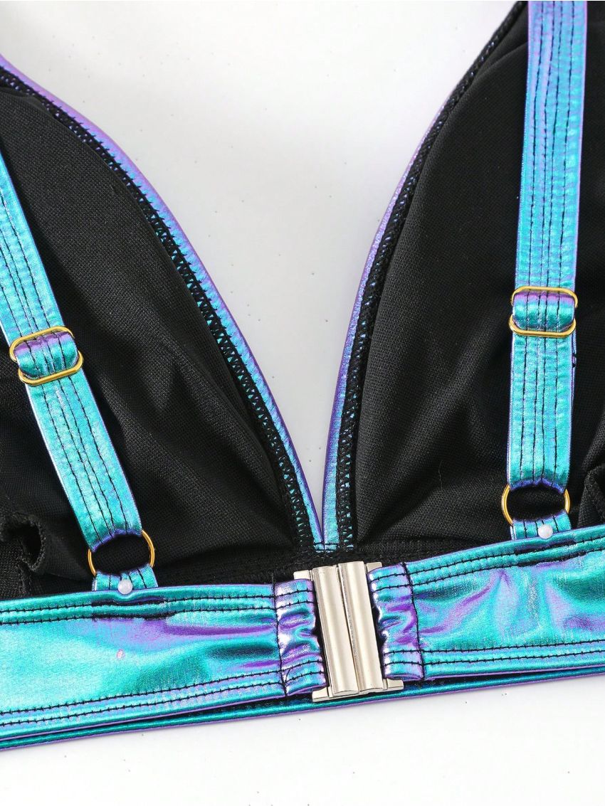 SHEIN Swim Basics Plus Size Holographic Swimsuit Top With Backless Design