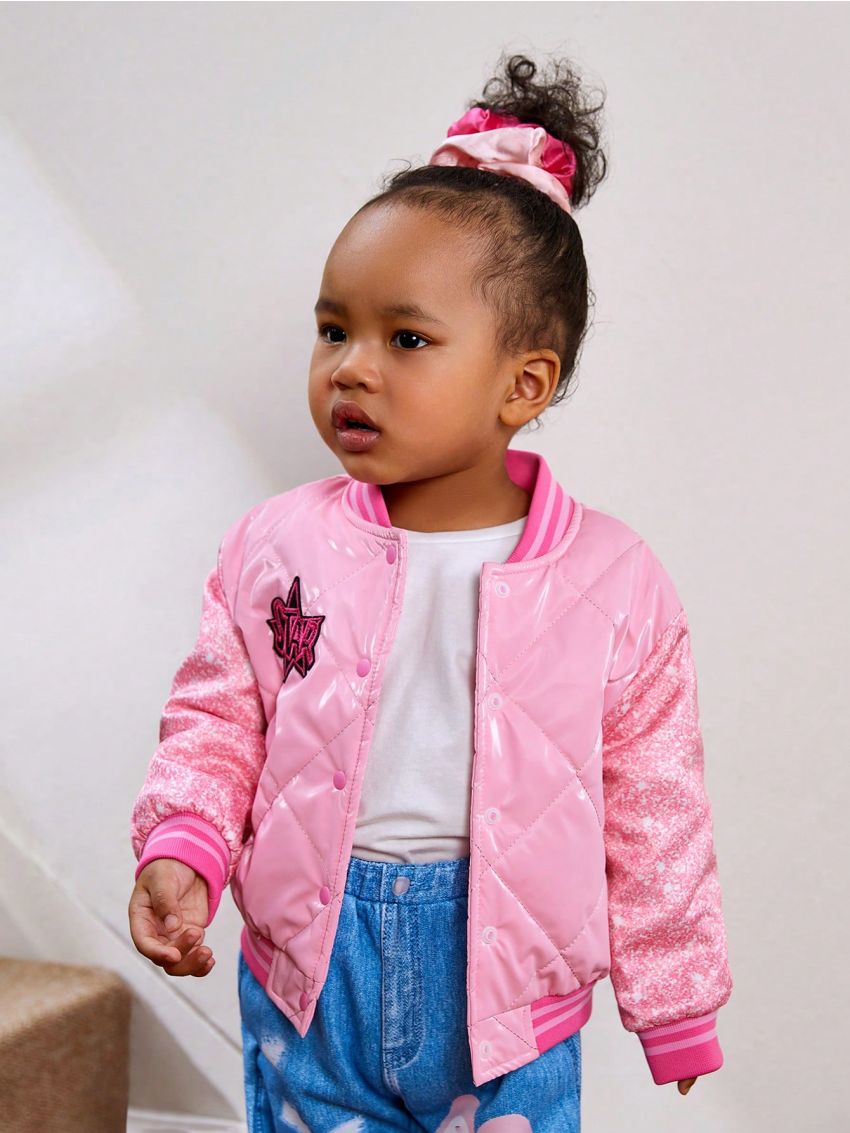 SHEIN Baby Girls' Street Style Diamond Grid Faux Sequin Patterned Fleece Jacket