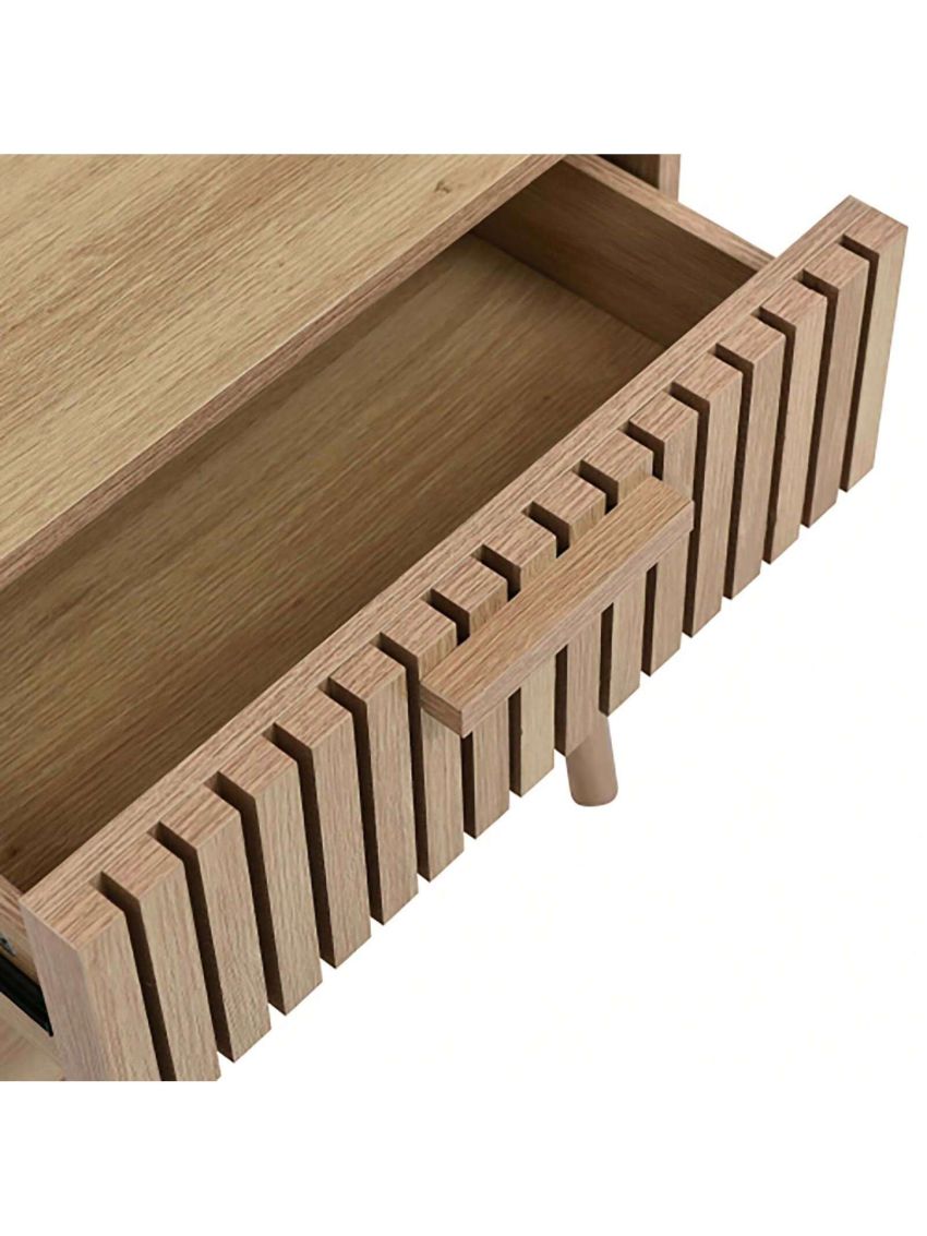 Particle Board 2-Drawer Nightstand with Rubber Wood Legs for Bedroom, Mid Century Modern Nightstand with Classic Desi