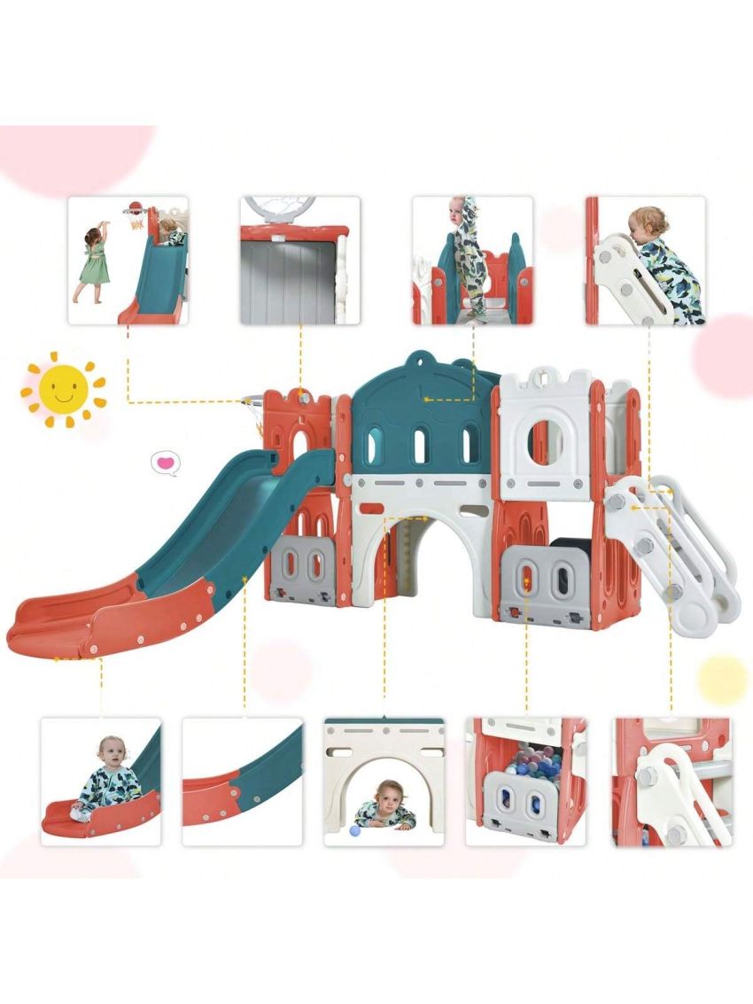 Merax Kids Slide Playset Structure, Freestanding Castle Climber with Slide and Basketball Hoop, Toy Storage Organizer for Toddlers, Kids Climbers Playhouse for Indoor Outdoor Playground Activity
