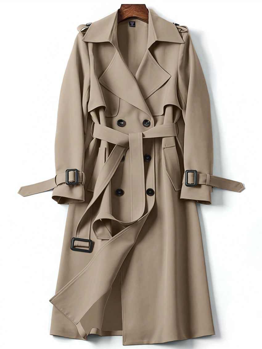 Plus Size Double Breasted Windbreaker Coat With Waist Belt