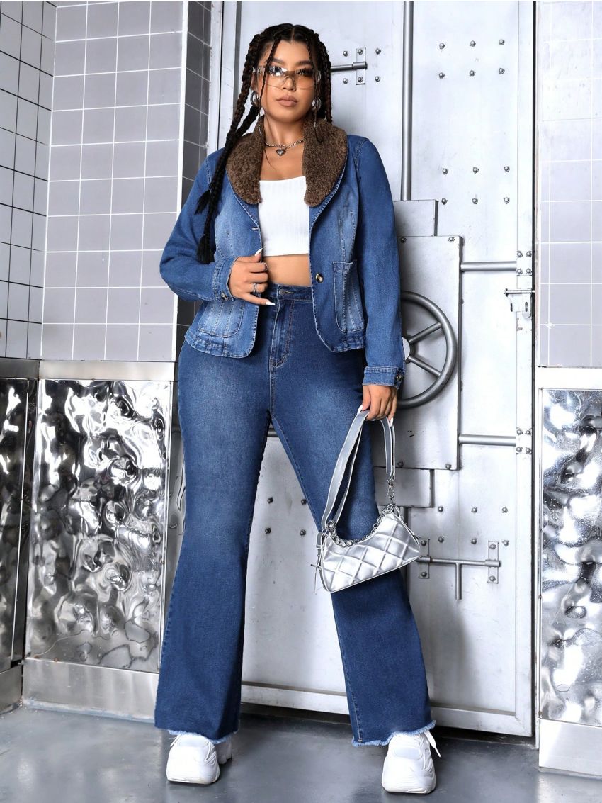 SHEIN ICON Plus Size Women's Denim Jacket With Green Fruit Shearling Collar