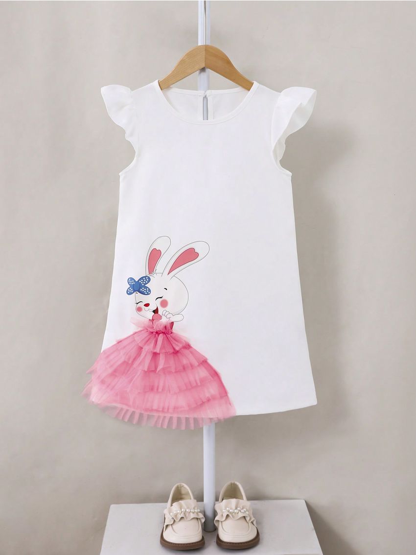 SHEIN Kids QTFun Young Girl's Flying Sleeve Rabbit Print Straight Dress With Back Water-Drop Opening For Party In Summer