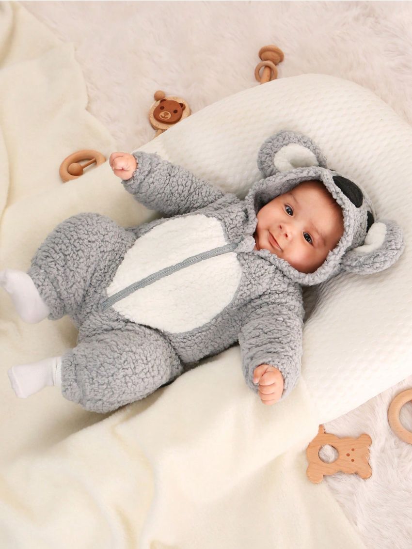 SHEIN Baby Boy Colorblock 3D Ear Design Hooded Plush Sleep Jumpsuit