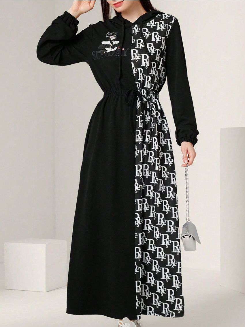 SHEIN Mulvari Women's Hooded Drawstring Letter Printed Sweatshirt Dress