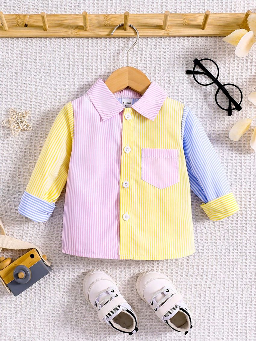 SHEIN Baby Boys' Casual Retro, Elegant, Interesting, Colorful Striped Patchwork Turn-Down Collar Jacket, Spring And Summer Outwear