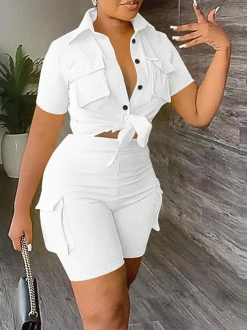 SHEIN Slayr Street Style Casual Pocket And Tie Front Top And Shorts Two Piece Set