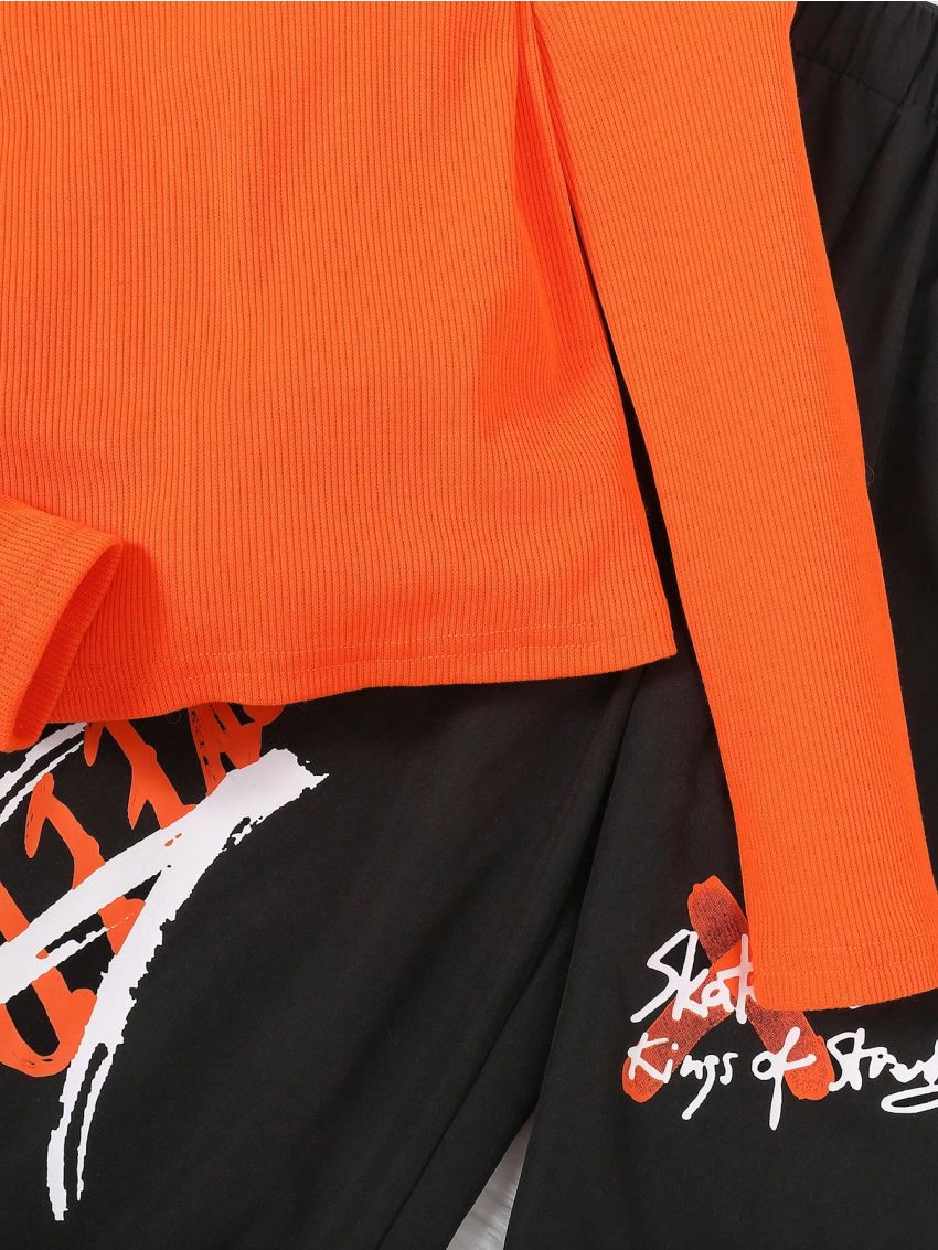 SHEIN Kids Cooltwn Tween Girl Cold Shoulder Tee & Letter Graphic Pants