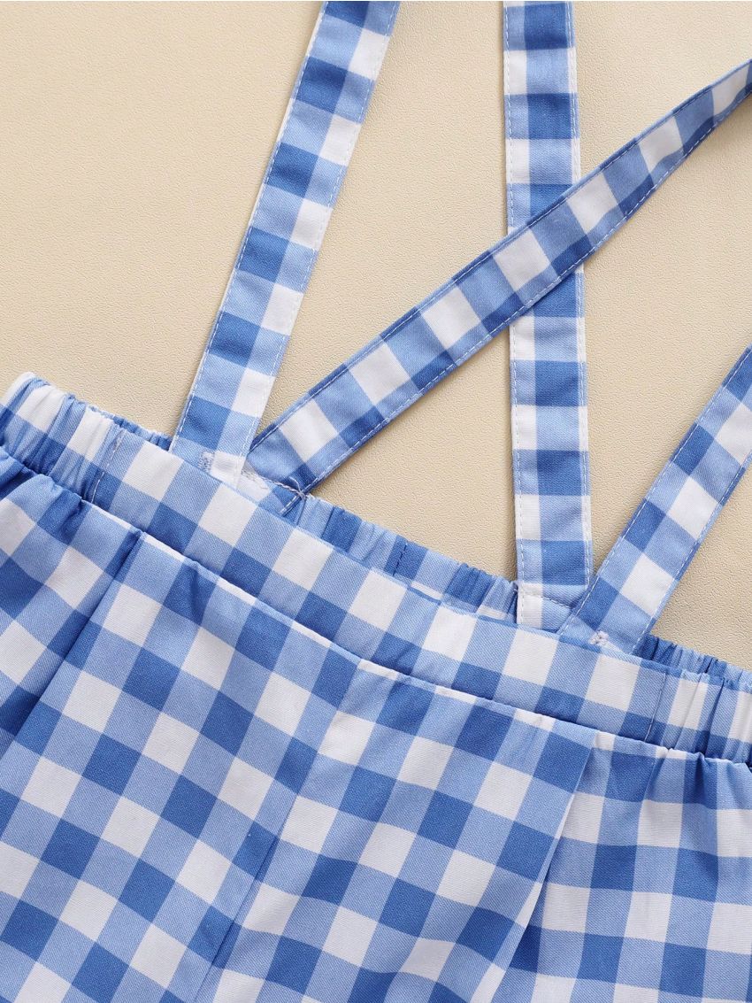 SHEIN Baby Boy'S Gentleman Suit White Short Sleeve Shirt + Bowtie Grid Suspenders Shorts Set