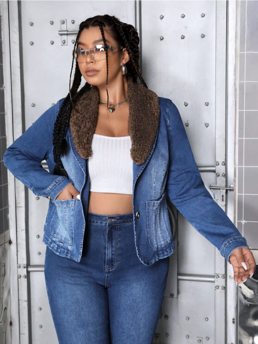 SHEIN ICON Plus Size Women's Denim Jacket With Green Fruit Shearling Collar