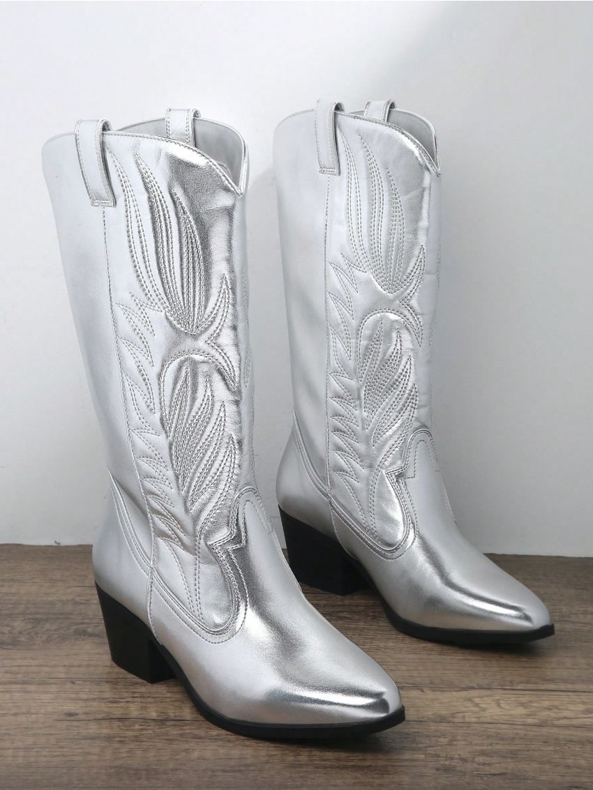 Metallic Slip On Chunky Heeled Boots