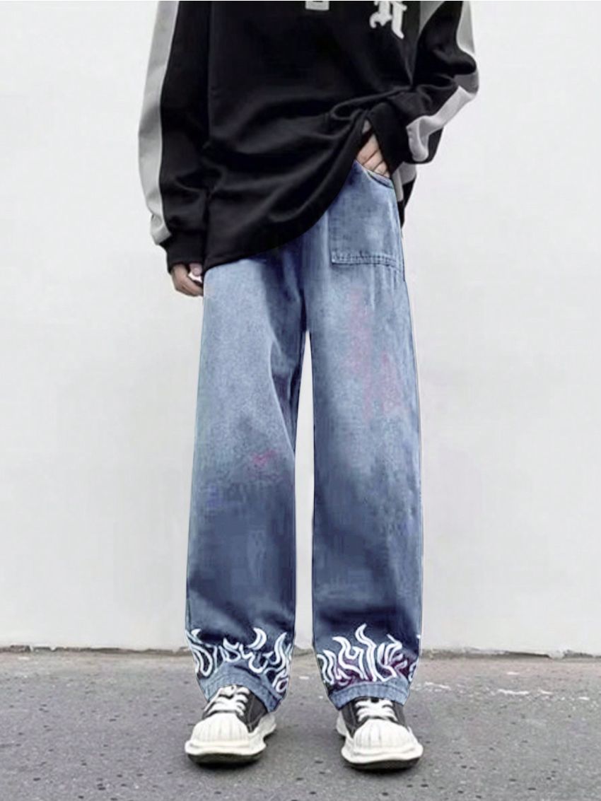 SHEIN Men's Jeans With Flame Pattern Detail