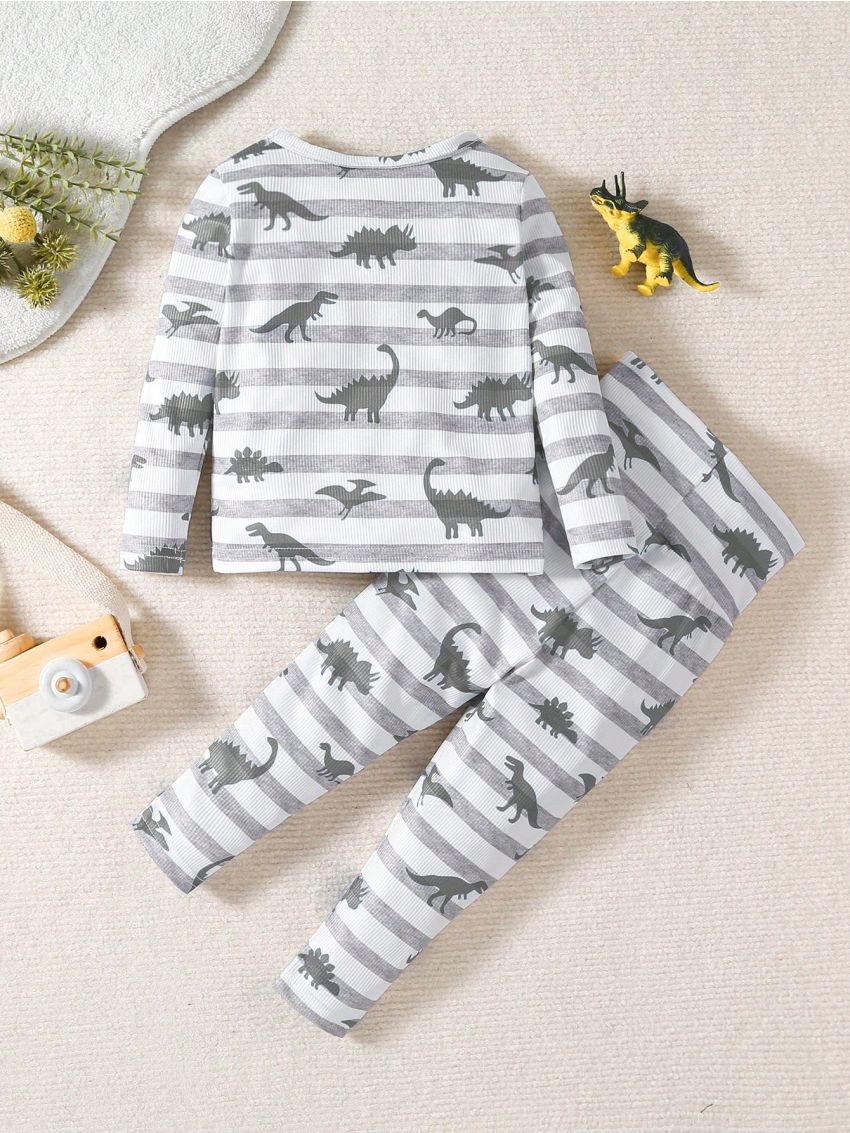 Baby Girl Striped & Dinosaur Skeleton Print PJ Set