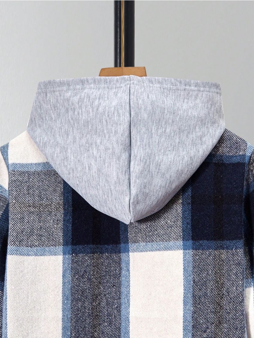 Tween Boy Plaid Print Flap Pocket Hooded Coat Without Tee