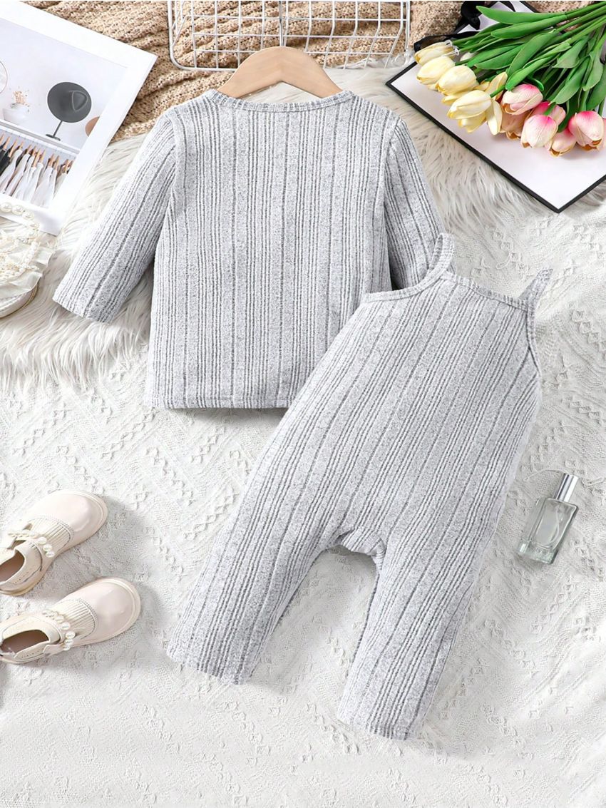 Baby Girls' Button-Up Coat And Romper Jumpsuit Set With Shoulder Straps