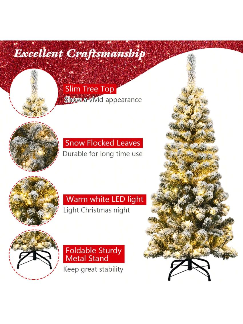 Gymax 4.5ft Pre-lit Pencil Snow Flocked Pencil Christmas Tree Holiday Decoration
