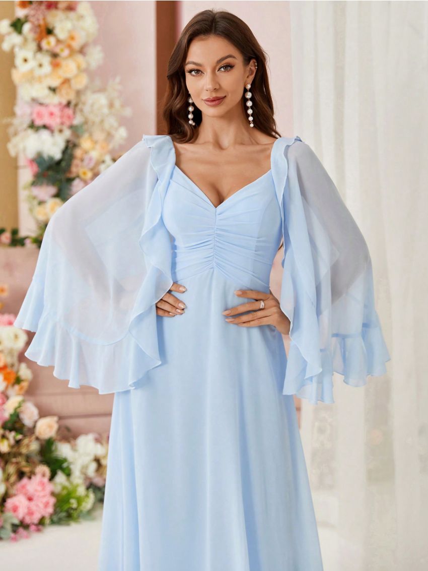 SHEIN Belle Adult Bridesmaid Dress With Layered Ruffled Hem, Pleated Bust And Umbrella Skirt Design