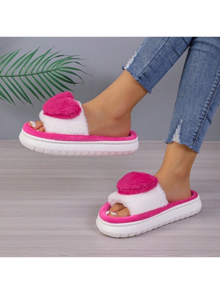 Women's Winter Thick-soled Plush Slippers With Waterproof And Anti-slip Bottom, Heart Shaped, Warm House Slippers