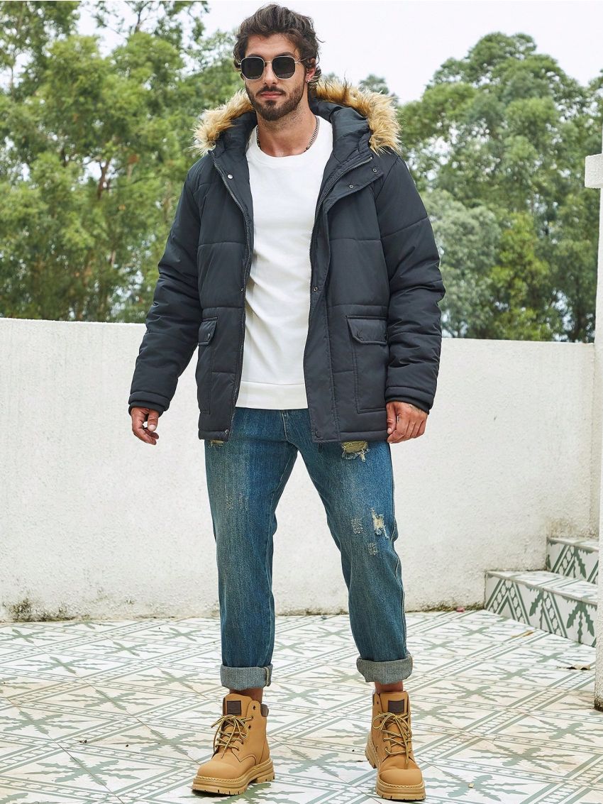 Men Plus Flap Pocket Fuzzy Trim Hooded Winter Coat