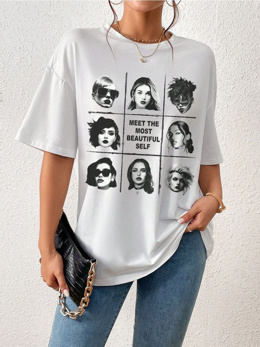 SHEIN Essnce Figure & Slogan Graphic Drop Shoulder Tee