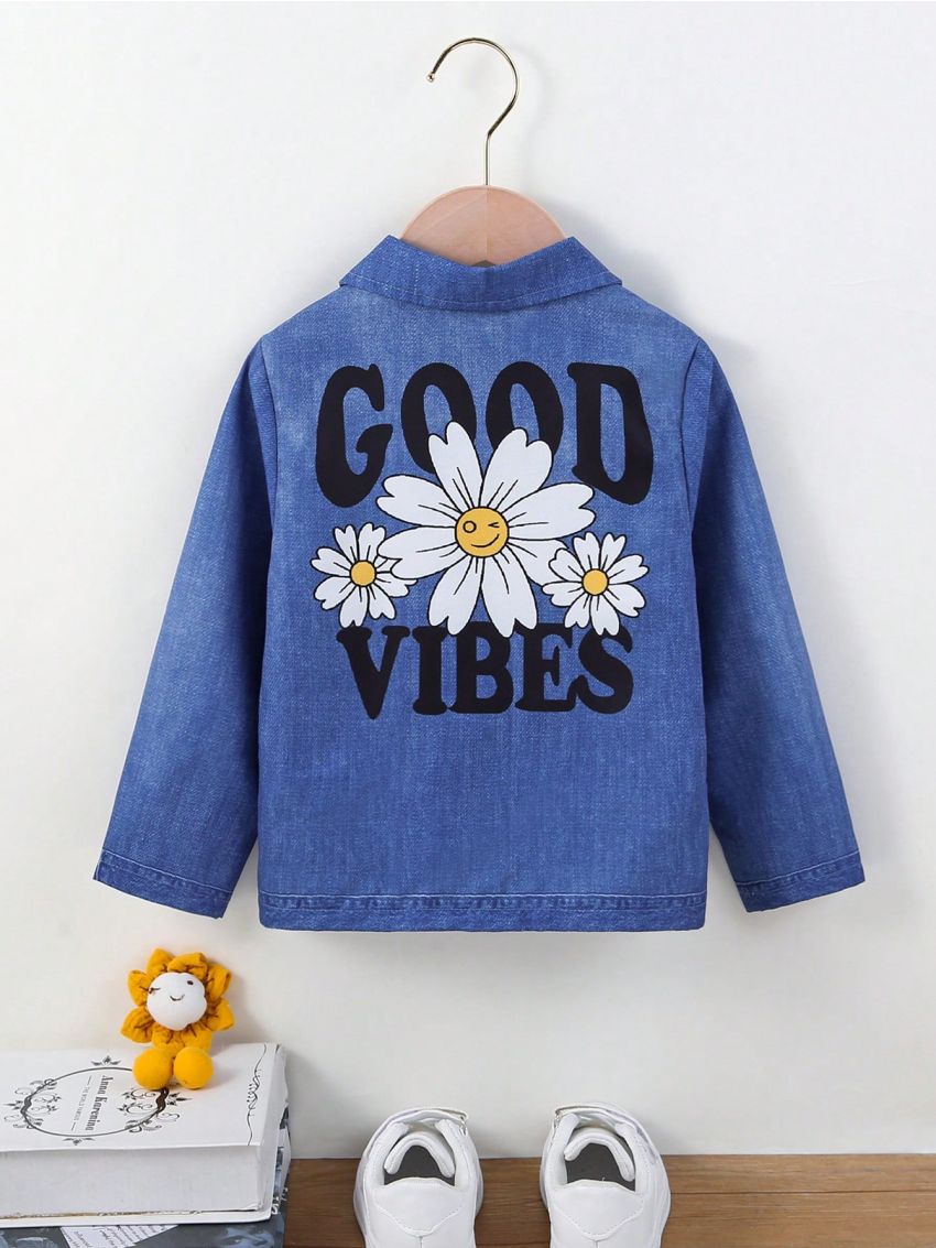 SHEIN Kids SUNSHNE Little Girls' Alphabet & Daisy Printed Fashionable Denim-look Jacket With Make-believe Jeans Print