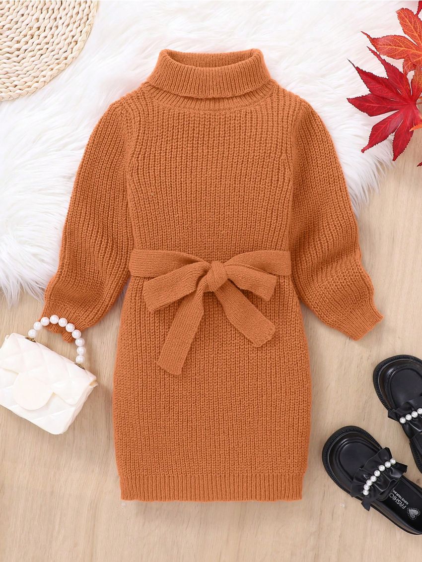 SHEIN Kids Cooltwn Girls' Athletic Slim Fit Turtleneck Pullover Sweater Dress With Long Sleeves