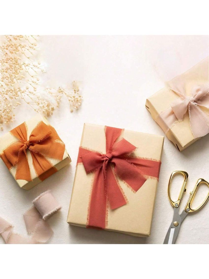 3 Rolls Handmade Tassel Chiffon & Silk Ribbon Set, Including Pink, Cream And Coral Red Satin Ribbon, For Wedding Invitation, Bridal Bouquet, Gift Packaging, Diy Craft