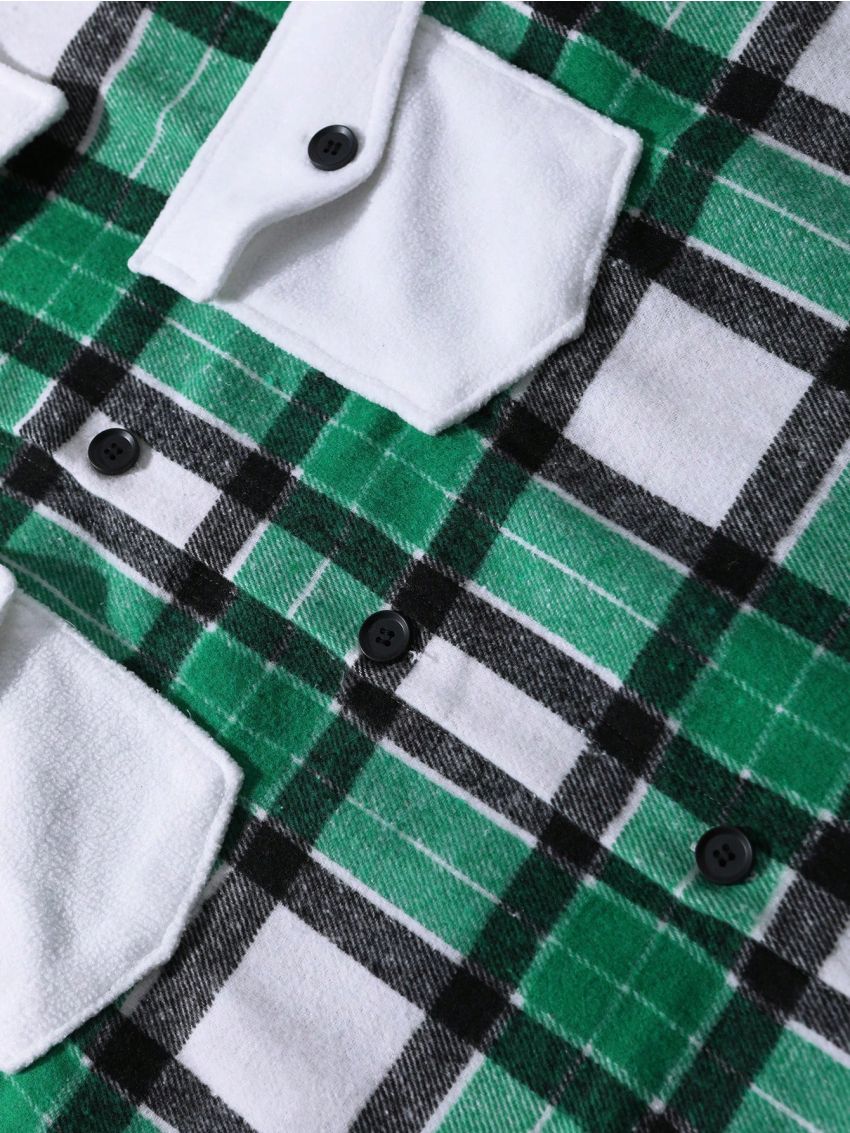 Manfinity Homme Men's Plus Size Grid Pattern Shirt Jacket With Flap Pockets