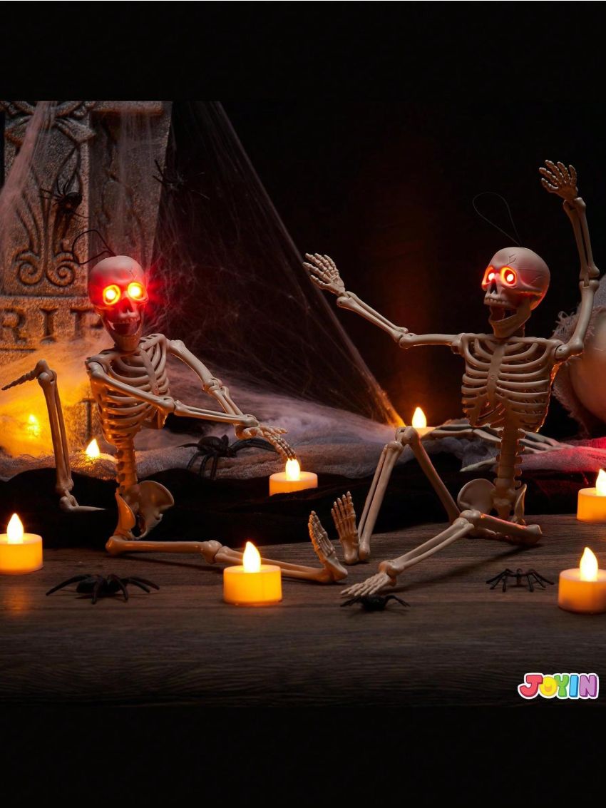 JOYIN 2 PCS 16” Halloween Skeletons Decoration Full Body Posable Hanging Skeletons with Red LED Light Eyes and Movable Joints for Indoor and Outdoor Decoration