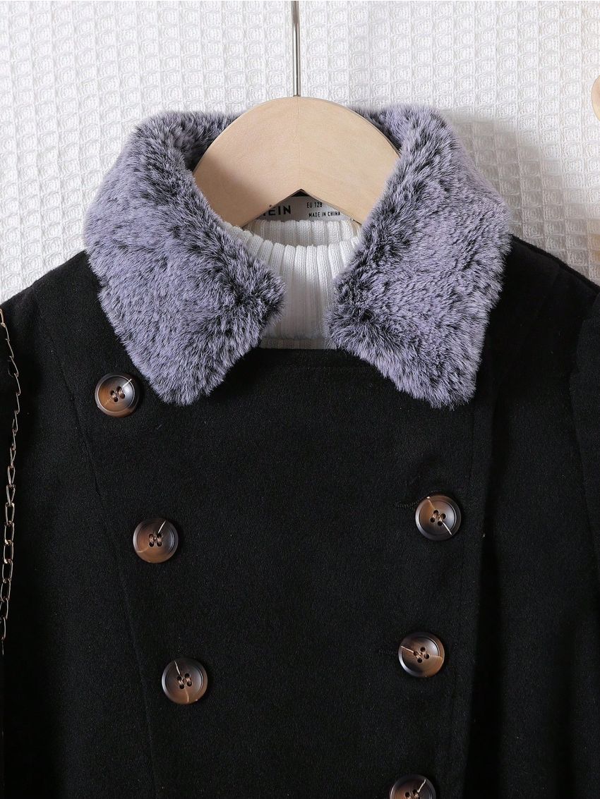 SHEIN Tween Girl Borg Collar Double Breasted Belted Overcoat Without Sweater