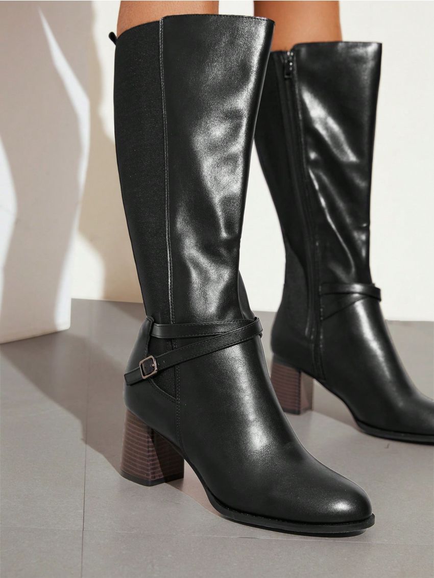 SHEIN BIZwear Women's Fashionable Buckle Decor Mid-calf Boots