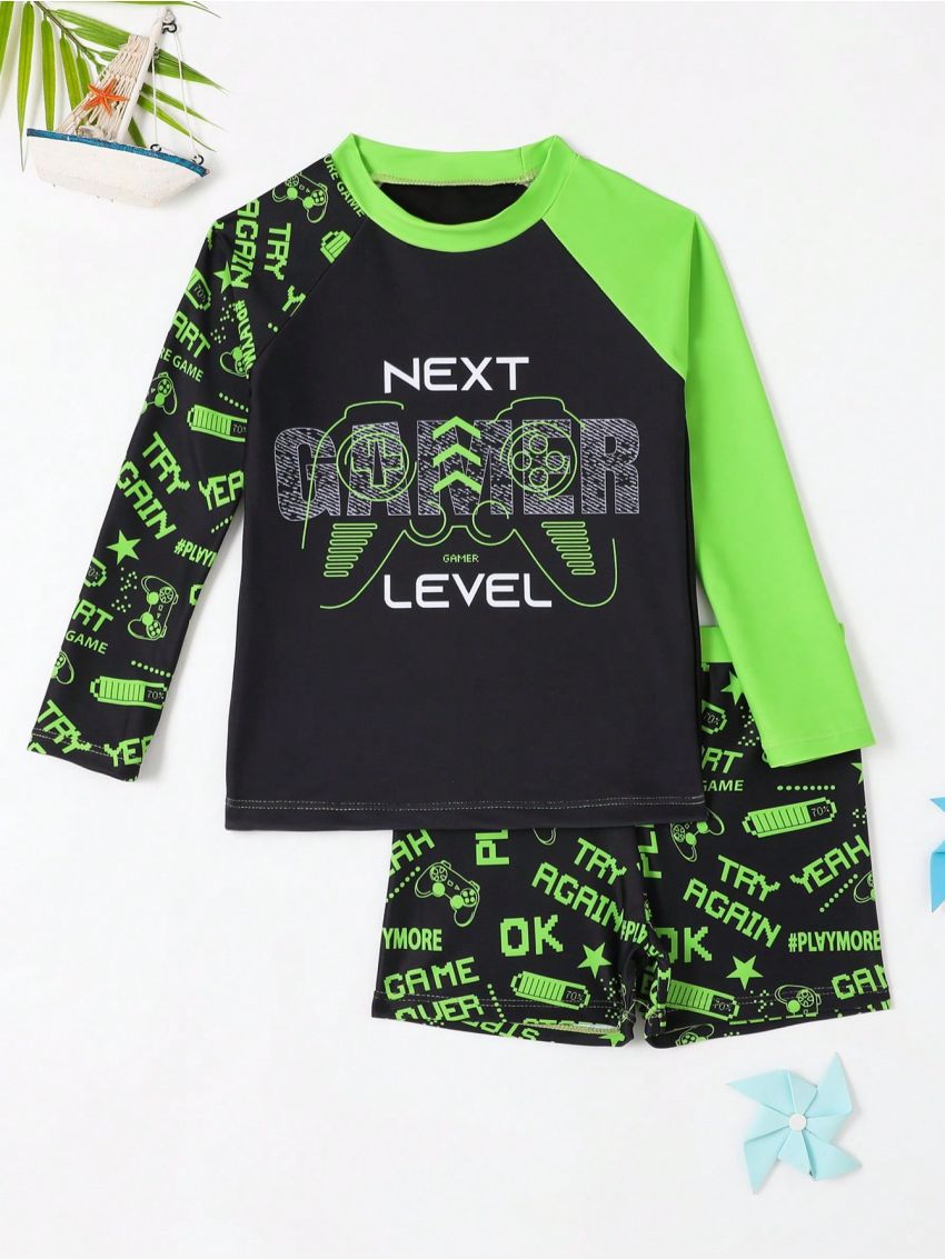 Boys' Swimwear, Long Sleeve Rashguard Top With Trunks, Suitable For Beach And Seaside Vacation