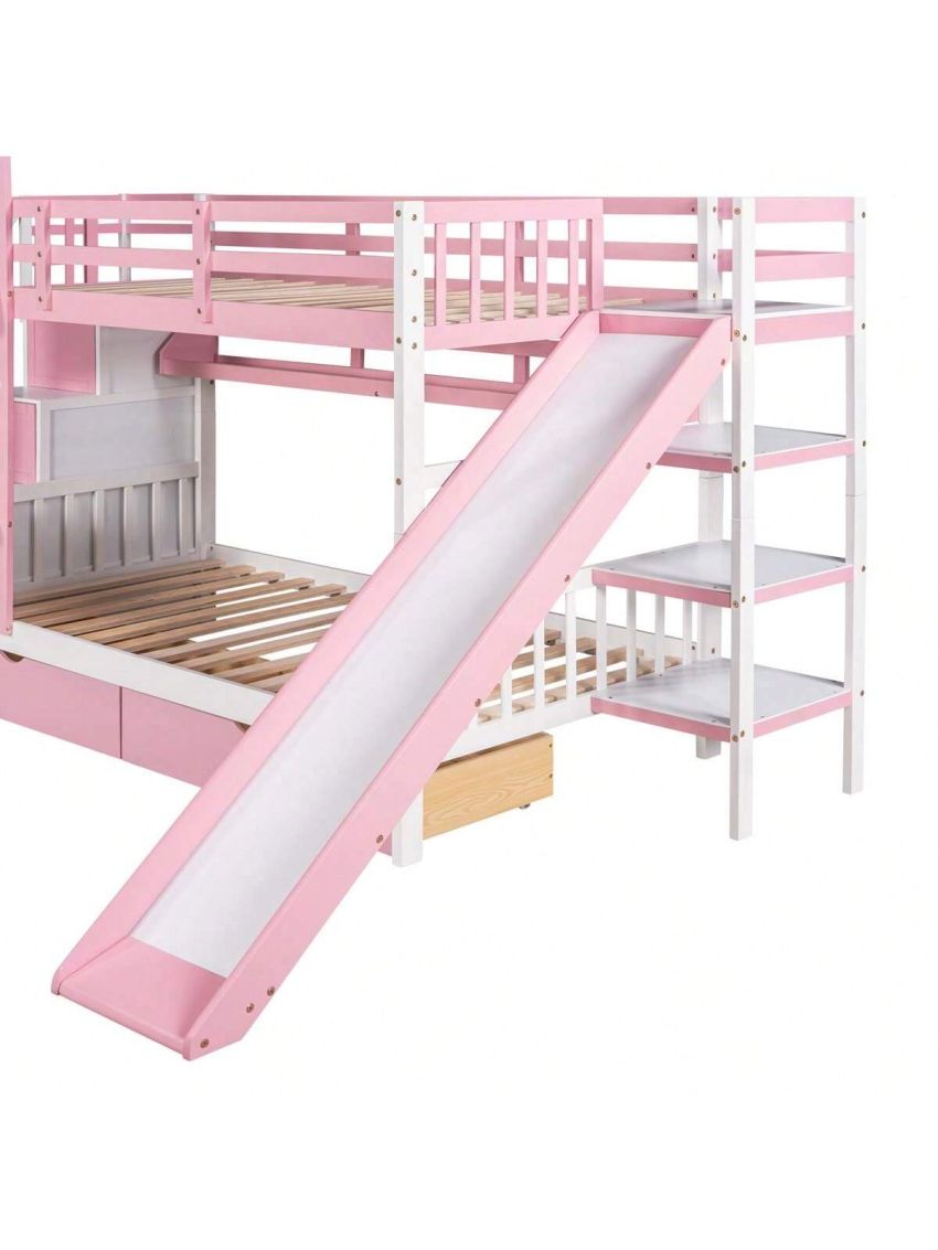 Merax Twin-Over-Twin Castle Style Bunk Bed with 2 Drawers 3 Shelves and Slide