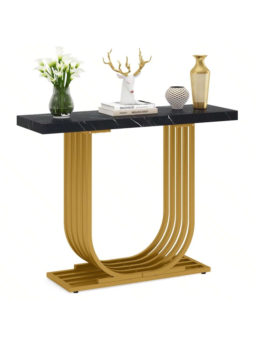 Tribesigns Modern Console Table with Gold Base, 39.4 Inch Faux Marble Veneer Entryway Table, Narrow Sofa Accent Table with Geometric Metal Legs for Living Room, Hallway