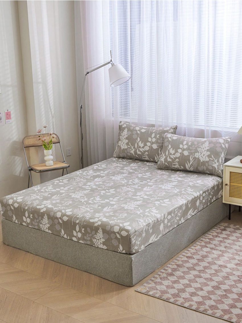 Polyester Grey Botanical Floral Pattern Bedding Set, 4pcs