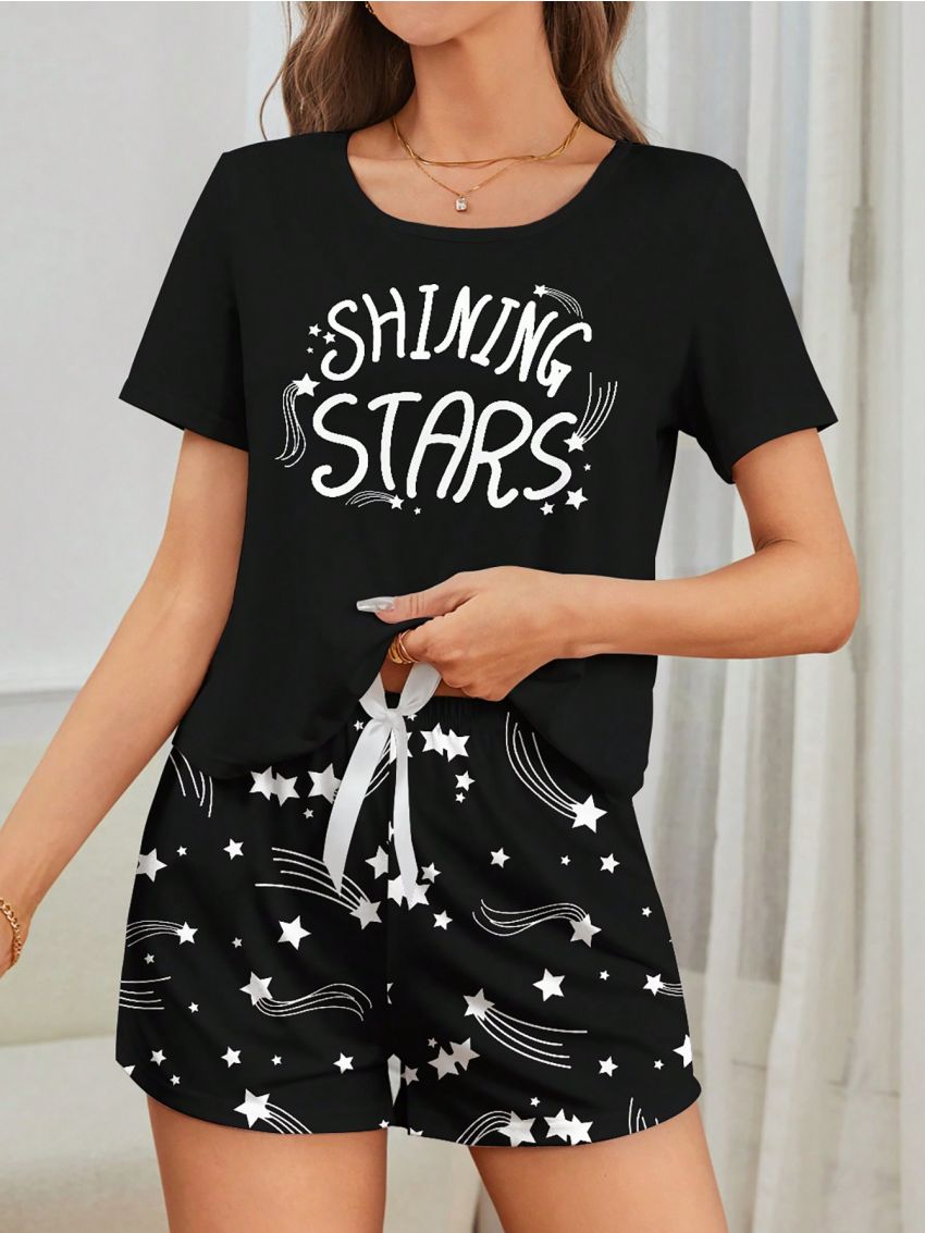 Ladies' Pajamas Set With Text & Star Print