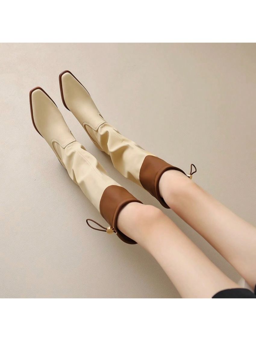 Women's Color Block Square Toe Chunky Heel Vintage Knee-high Boots, One Step Knight Boots, Simple And All-match Fashion Boots