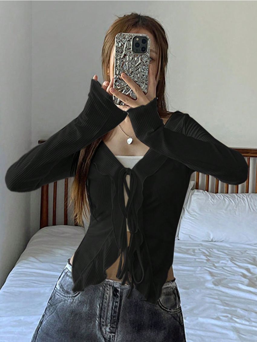 DAZY Ladies' Solid Color Ruffled Edge Tie-Front T-Shirt