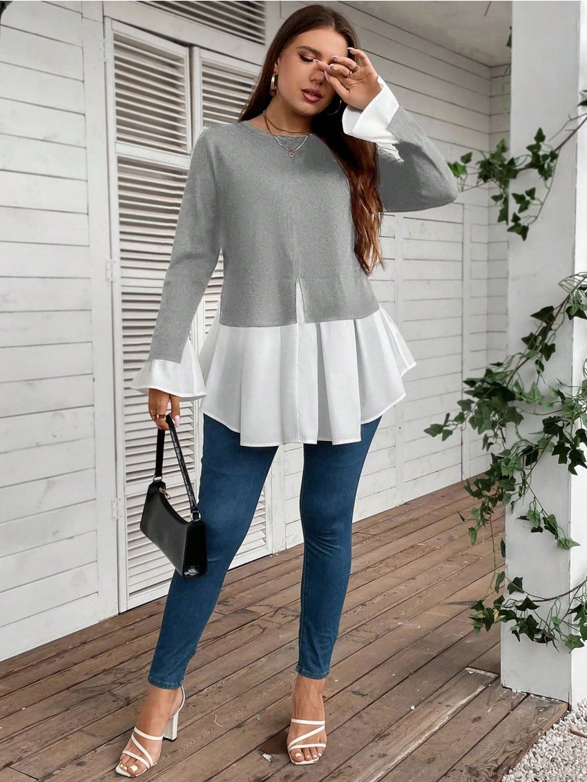 SHEIN LUNE Plus Two Tone Flare Sleeve 2 In 1 Tee