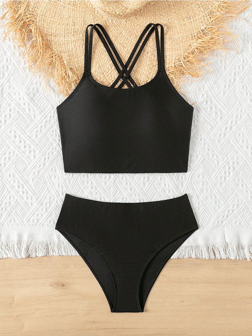 Junior Girls' Solid Color Halter Neck Bikini, Sleeveless Crop Top Design