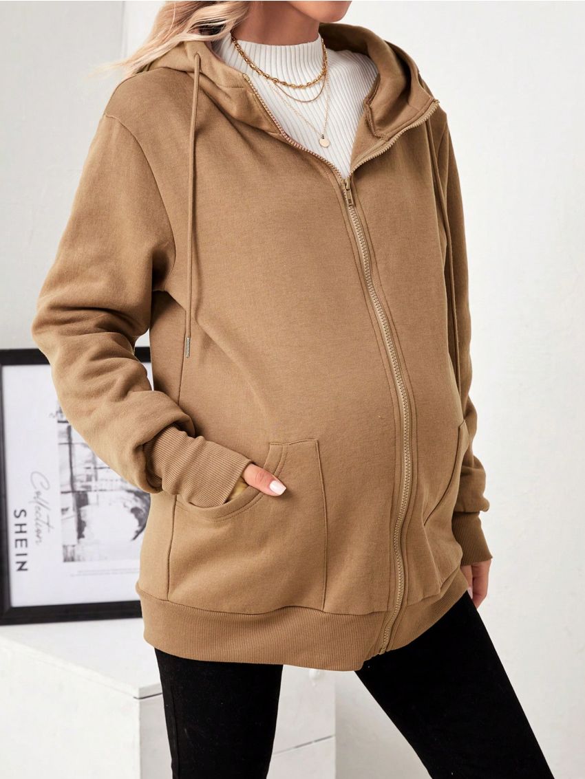 SHEIN Maternity Zipper Drawstring Hooded Sweatshirt