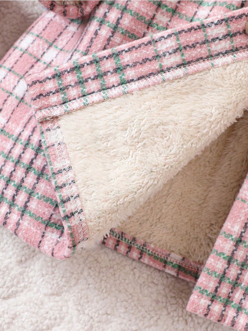 SHEIN Kids FANZEY Young Girl Plaid Print Borg Collar Duffle Overcoat