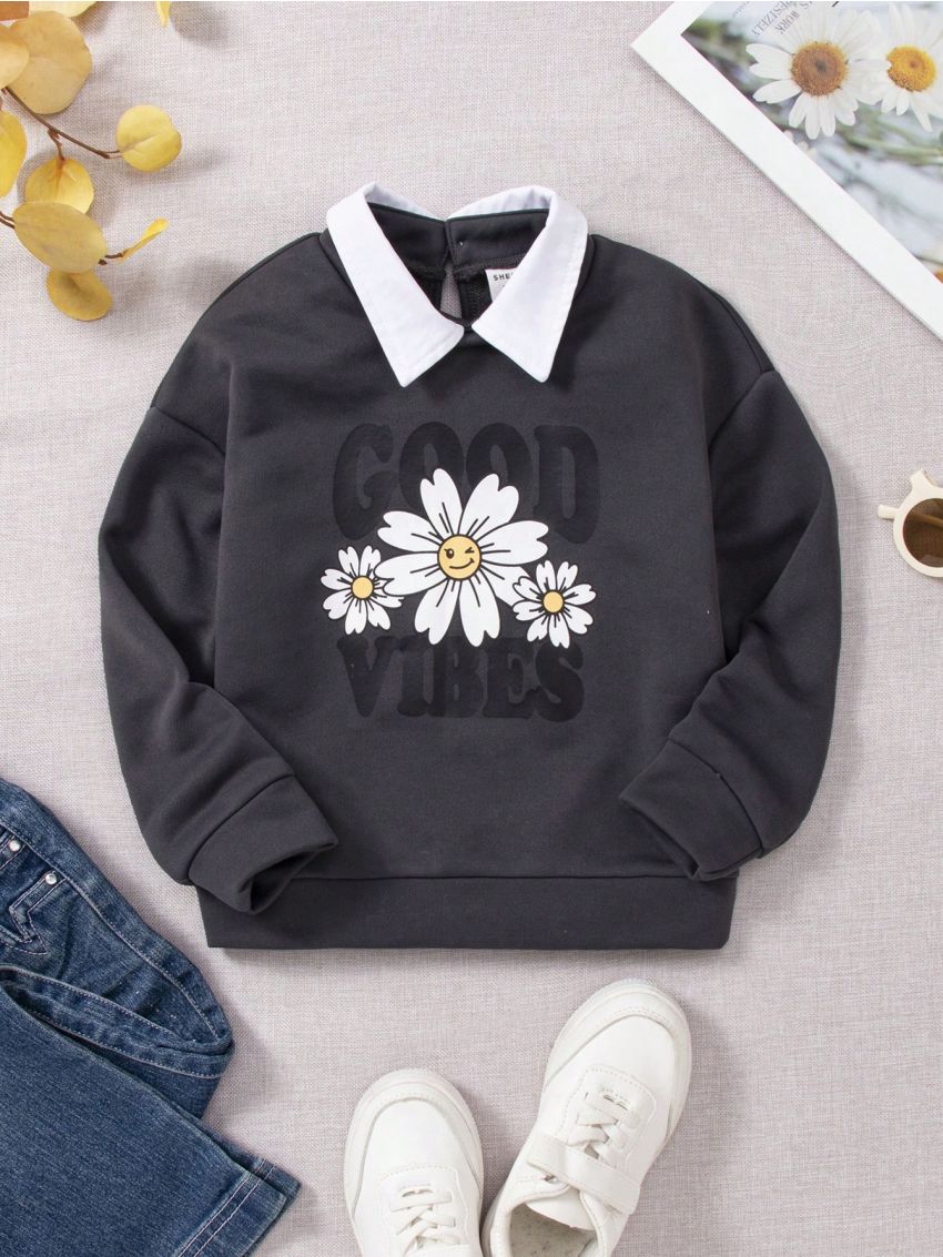 SHEIN Kids EVRYDAY Toddler Girls' Contrast Color Flower & Slogan Print Athletic Shirt With Turn-Down Collar